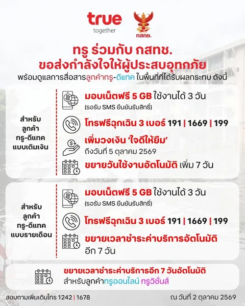 True and NBTC announce flood relief for customers in affected areas: free 5GB data and 7-day payment extensions